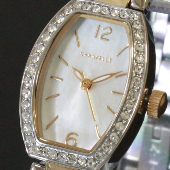 Caravelle Ladies Classic Dress Watch By Bulova Mother Of Pearl With Crystals - Picture 10 of 13
